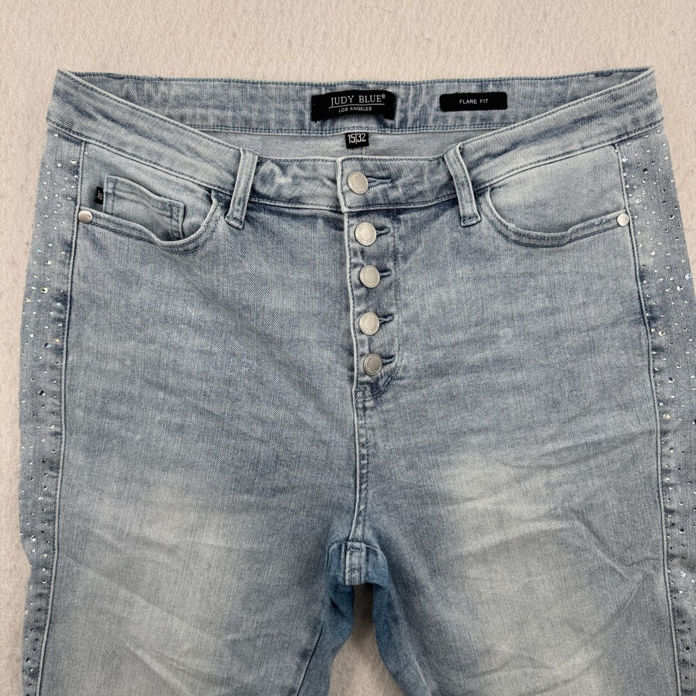 Judy Blue Rhinestone Flare Jeans Light Wash High Rise Button Fly 15/32 (34x32)